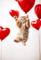 Fluffy tabby cat floating with holding on blood red heart-shaped balloons on a white background