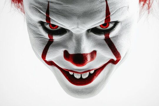 A terrifying clowns face with red eyes and makeup