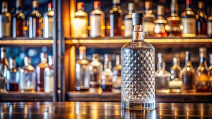 Sophisticated, elegant artisanal gin bottle displayed among luxurious spirits on a bar shelf ,  gin, bottle, artisanal