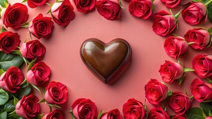 Obraz premium Heart shaped chocolate surrounded by red roses on pink background for Valentine's Day, Valentine, gift, heart shaped