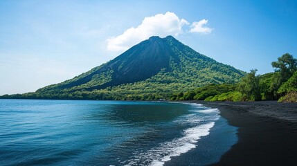 Fototapeta premium Volcanic Island Beach with Black Sand and Lush Green Mountain Scenery