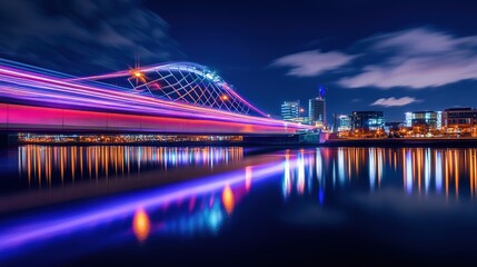 Obraz premium Futuristic Urban Nightscape with Glittering Light Trails Reflecting Modern Technology and Motion