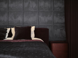Modern bedroom design with dark tones and elegant textures