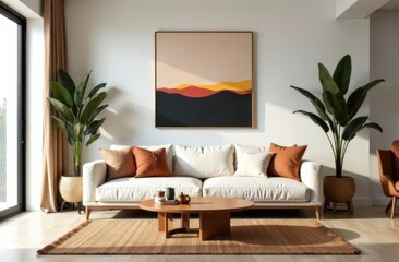 living room in Art Nouveau style with white sofa and coffee table