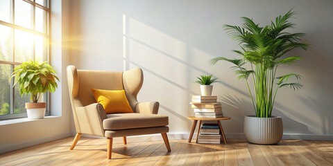 Fototapeta premium Minimalist Book Nook - A Serene Space for Book Lovers, Cozy Reading Corner, Well-Read Atmosphere with Natural Light, Simple Decor and Books, Perfect for Relaxation and Reflection