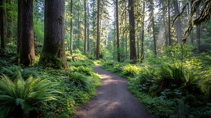 Fototapeta premium green forest with tall trees and sunlight filtering through the dense canopy. A narrow dirt path winds through the woods, surrounded by vibrant ferns and moss-covered rocks. The air appears 