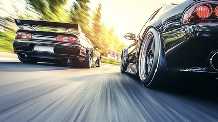 Obraz premium Two Coupes Skidding Around a Corner in Dynamic Motion Scene