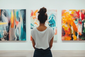Woman Viewing Abstract Artwork In Gallery