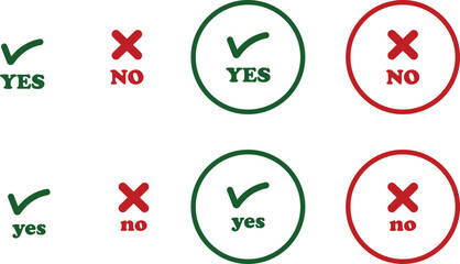 Sharp green checkmark and red cross icon set on isolated transparent background black vector symbol for right and wrong choices. Modern flat and line design symbol tick sign collection. Yes or No.