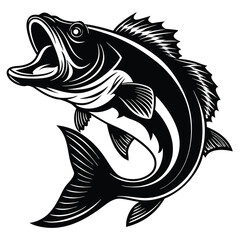 Fototapeta premium A Detailed Black and White Illustration of a Fish Leaping Out of the Water with Its Mouth Open, Capturing the Dynamic Motion and Energy in a Bold, Stylized Design
