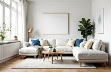 living room in Art Nouveau style with white sofa and coffee table
