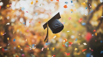 Joyful Graduation Celebration with Floating Caps and Colorful Confetti in an Autumn Setting