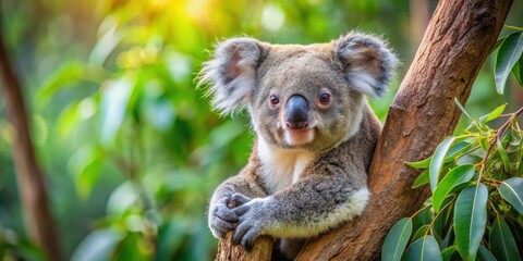 Fototapeta premium Koala peacefully resting in a lush eucalyptus tree , koala, relaxing, eucalyptus tree