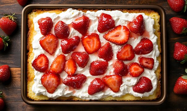 A slightly overhead shot of a strawberry shortcake sheet cake in a baking pan, Generative AI
