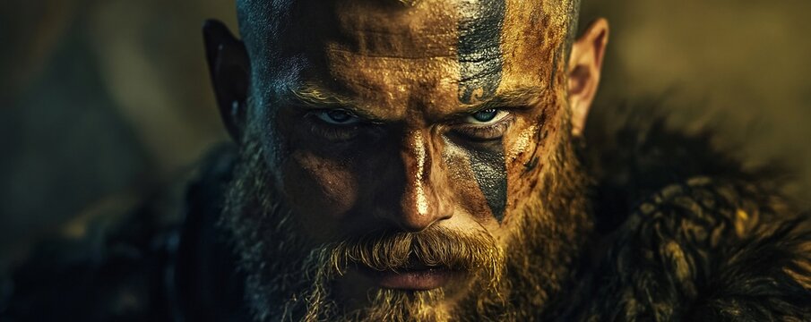Severe viking warrior with war paint looking determined