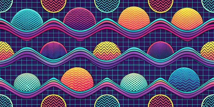 Seamless retro wave pattern with vibrant colors and geometric shapes ,  80s, retro, vintage, seamless, pattern, waves