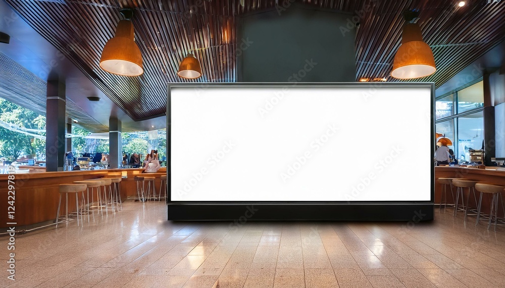 Poster blank billboard on the cafe. white blank screen billboard in the for new product or presentation wit