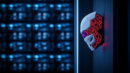 Futuristic robotic head mounted on a wall, illuminated by vibrant neon lights in a tech setting