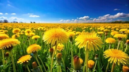 Obraz premium Field filled with bright yellow dandelions under a clear blue sky, nature, flowers, dandelions, field, meadow, blue sky