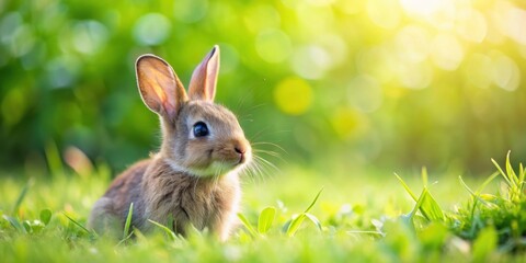 Obraz premium Adorable little rabbit exploring the farm with lush green grass in the background, rabbit, farm, baby animal, cute, outdoors