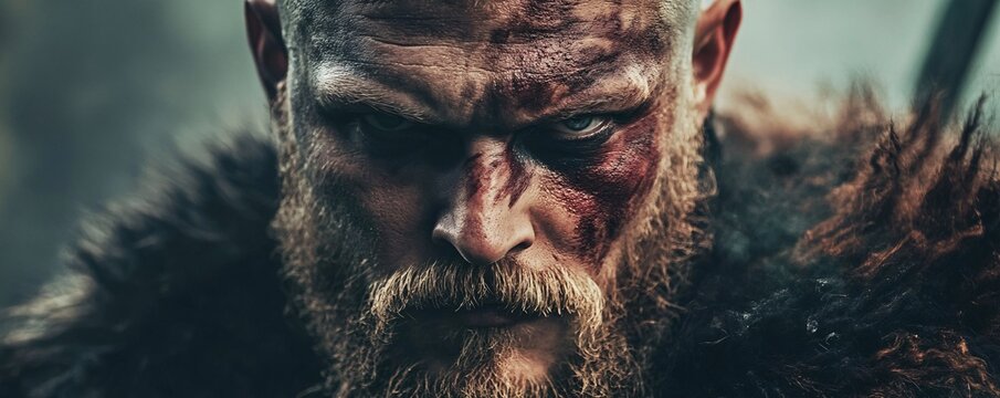 Severe viking warrior with beard and scars is starring angrily
