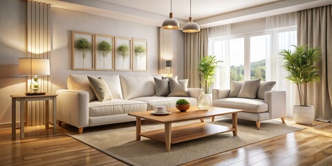 Modern Living Room Interior Design with White Sofa, Wooden Coffee Table, and Neutral Color Palette - Elegant Home Decor Inspiration for Contemporary Spaces