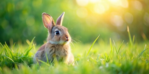 Adorable little rabbit sitting in the lush green grass on a farm ,  bunny, cute, fluffy, farm animal, adorable, wildlife, nature