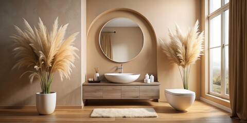 Modern Minimalist Bathroom Interior Design with Beige Walls, Oval Sink, and Pampas Grass Accents for Serene and Stylish Spaces