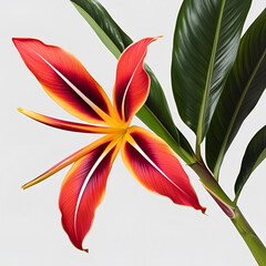 A stunning close-up of a vibrant red and yellow heliconia flower, showcasing its unique, striking shape and colors, framed by lush green foliage, perfect for nature and botanical art.