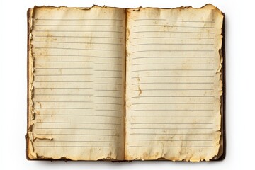 Blank pages in an old, worn notebook on a white background inviting creative writing and personal reflections