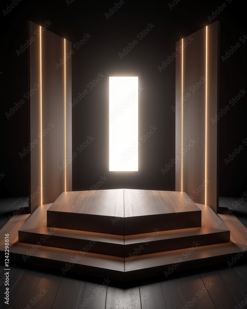 Poster minimal, modern platform with steps illuminated by warm lights, set against a dark wood backdrop. pe