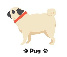 パグ　フラットデザイン、横向きの犬のシンプルなイラスト