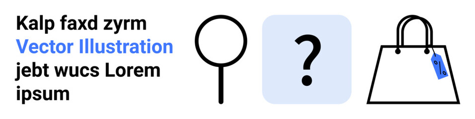 Shopping bag with blue price tag, magnifying glass, and question mark signify retail, pricing, search, and inquiry. Ideal for online shopping, e-commerce, marketing analysis search engines retail