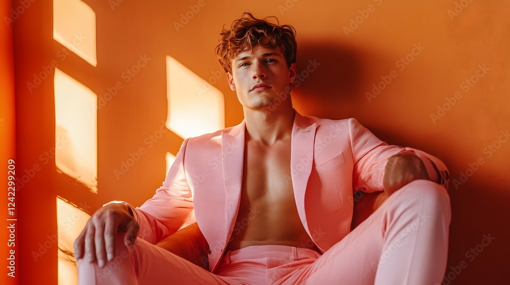 Poster a confident and stylish remote work consultant in a pink business suit posing in an studio setting t