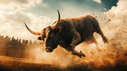 Bull charges forward in dynamic movement during a traditional bullfighting event