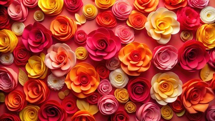Naklejka premium Colorful paper roses backdrop with vibrant red, pink, and yellow flowers, paper, roses, colorful, backdrop, vibrant, red, pink