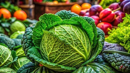 Fototapeta premium Fresh Round Cabbage on Market Stall - Closeup of Retail Display, Organic Produce, Vibrant Green Vegetables, Healthy Eating, Culinary Ingredients, Farm Fresh, Market Scene