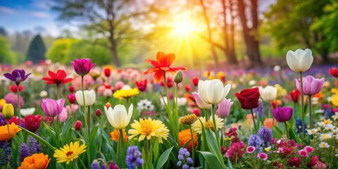 Obraz premium Vibrant flower field in springtime with colorful blossoms and green foliage, spring, flowers, field