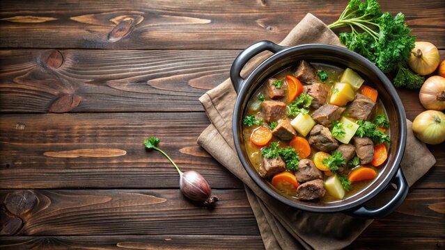 Traditional Irish stew cooking in a slow cooker pot on a wooden table, Irish stew, slow cooker, pot, stew