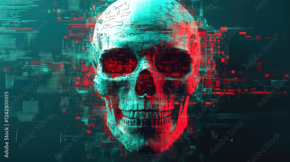 Poster glitching skull with digital code.