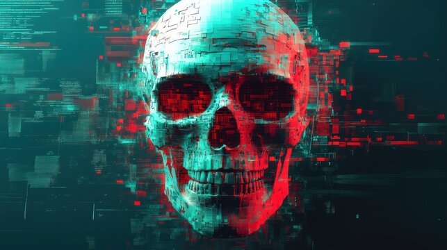 Glitching skull with digital code.