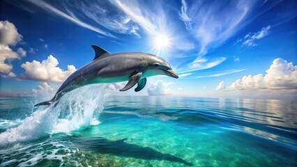 Fototapeta premium Playful Dolphin Swimming in Clear Blue Ocean - Vibrant Marine Life, Underwater Adventure, Nature Photography, Ocean Exploration, Wildlife, Aquatic Creatures, Summer Fun, Tranquility, Seascape