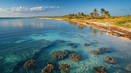 Obraz premium Tranquil Coastal Landscape with Clear Water and Tropical Plants