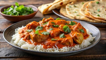 Close up of a plate of delicious chicken tikka masala served with rice and naan bread ,  Indian food, spicy, creamy