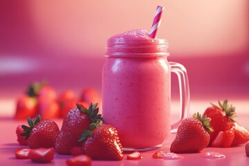 Strawberry smoothie in mason jar, pink background, fresh strawberries
