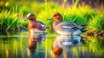 Fototapeta premium Serene Eurasian Wigeon Couple Grazing by Tranquil Lakeside Habitat - Nature, Wildlife, Birds, Waterfowl, Scenic Landscape, Grassy Shoreline, Avian Couples, Natural Habitat, Peaceful Environment