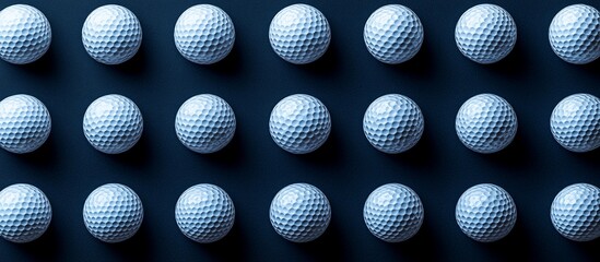 Aerial view of neatly arranged golf balls on a dark surface, showcasing texture and pattern