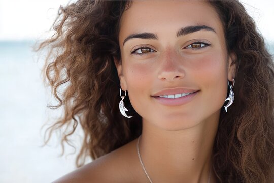 Beautiful Woman Smiling With Curly Brown Hair And Dolphin Earrings