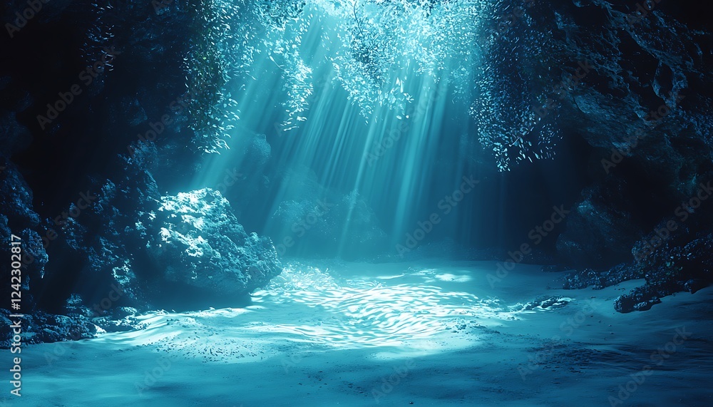 Poster a tranquil underwater scene illuminated by soft blue sunlight that filters through the surface, cast