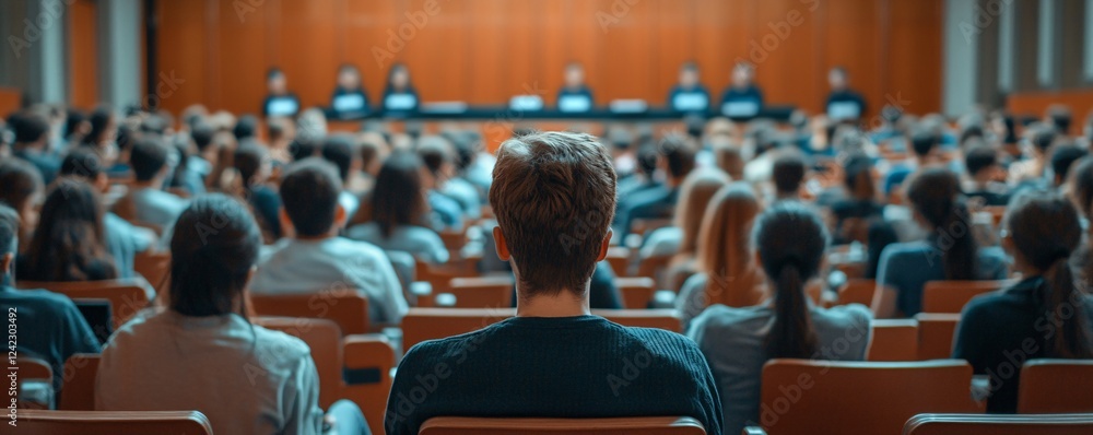 Poster Student sitting in lecture hall attending university class listening to professors speaking
